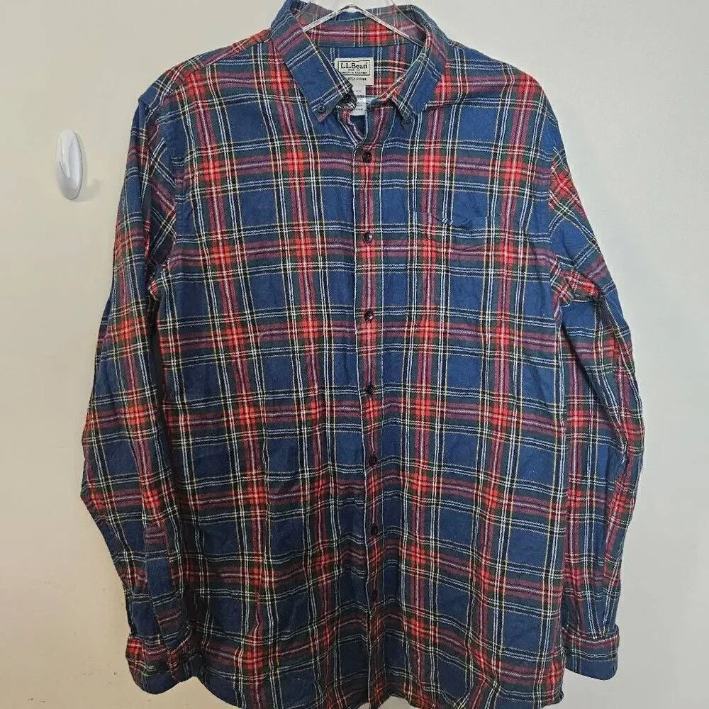VINTAGE LL Bean Shirt Men Large Tall Blue Plaid Flannel Traditional Button Up Po